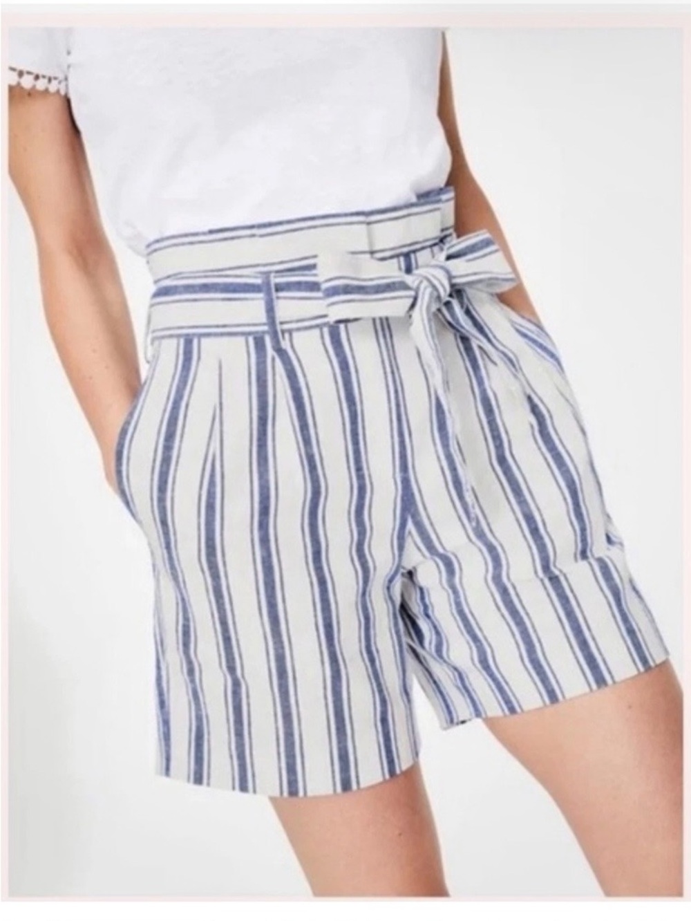 Boden st ives paperbag blue and white striped Linen/Cotton Shorts Size US8/UK 12